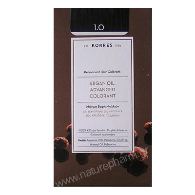 Korres Argan Oil Advanced Colorant Νέα Μόνιμη Βαφή Μαλλιών 1.0 Μαύρο Φυσικό